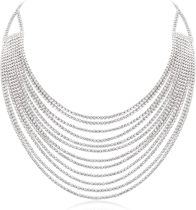 Flyonce Multi Layered Choker Collar Necklace, Glitter Rhinestone Crystal Tassel Multi-Strand Fringe Chains Bib Statement Necklace Prom Jewelry for Women - Image 1
